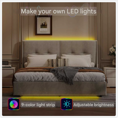 Led Boxspringbed – Boxspringbed Met Led Verlichting – Opbergbed – Slaapbed – Velours Bekleding – Verstelbare Led Lichtstrips – Gasveer Opbergruimte