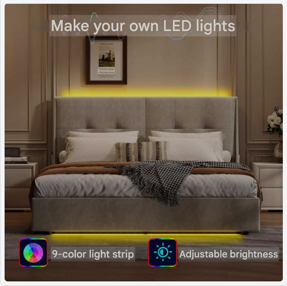 Bed – Modern Bed – Opbergbed – Slaapbed – Velvet Bed – LED-Verlichting – Ruime Opbergruimte