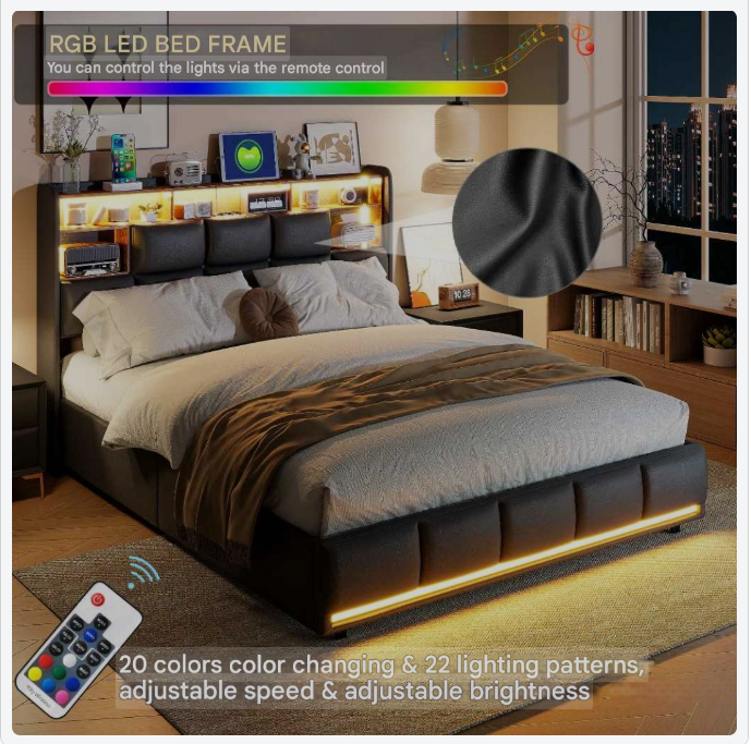 Opbergbed – Hydraulisch Bed – Opbergruimte Bed – LED Bed – USB Bed – Zwart PU Design – Maximale Belastbaarheid 340 Kg