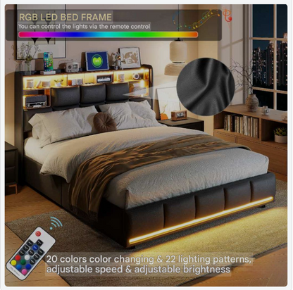 Opbergbed – Hydraulisch Bed – Opbergruimte Bed – LED Bed – USB Bed – Zwart PU Design – Maximale Belastbaarheid 340 Kg