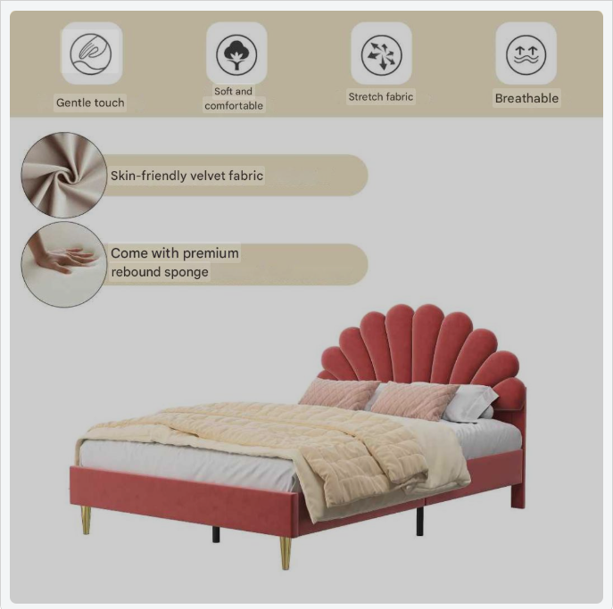 Bedframe – Fluwelen Bed – Gestoffeerd Bed – Tweepersoonsbed – Beige – MDF Frame – 12 Verstevigde Latten