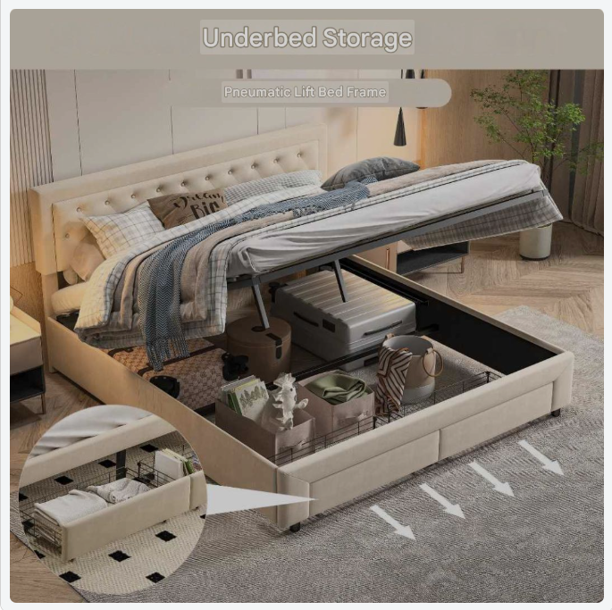 Opbergbed – Gestoffeerd Bed – Tweepersoonsbed – Opberglades – Verstelbare Hoofdsteun – Velvet Bekleding – Metalen Poten
