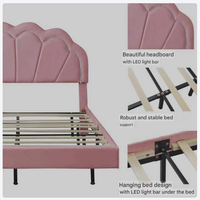 Bed – Fluwelen Bed – Modern Bed – Verlicht Bed – Zwevend Bed – LED Verlichting – Draaggewicht 250 Kg