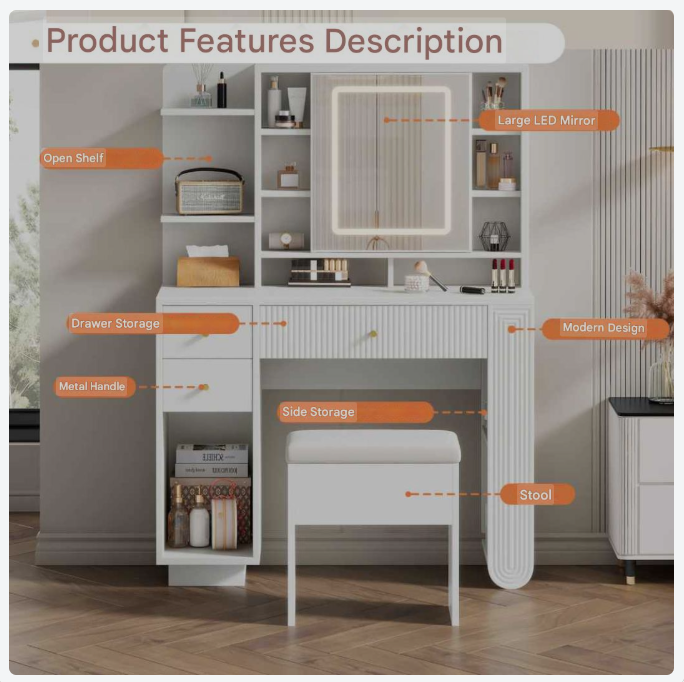 Kaptafel – Make-Uptafel – Cosmeticatafel – Make-Up Meubel – Witte Houtlook – 3-Kleurige Led-Verlichting – Inclusief Kruk