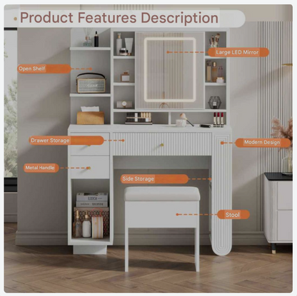 Kaptafel – Make-Uptafel – Cosmeticatafel – Make-Up Meubel – Witte Houtlook – 3-Kleurige Led-Verlichting – Inclusief Kruk