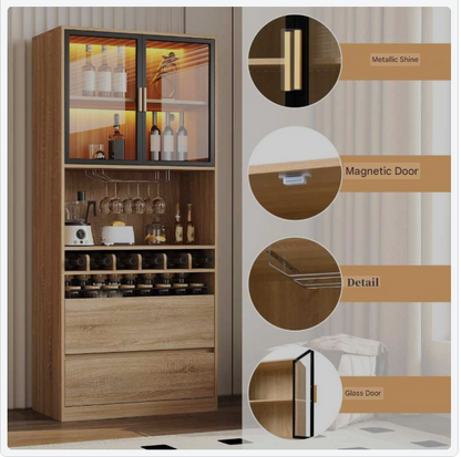 Wijnkast – Wijnrek – Drankkast – Flessenhouder – Glazen Deuren – Hout – 180 Cm Hoog