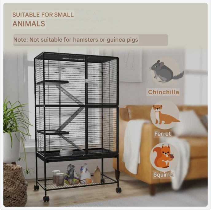 Dierenkooi voor Kleine Huisdieren – Fretkooi – Chinchillakooi – Kooi met Meerdere Niveaus – Kleine Dieren Kooi – Ruim Ontwerp 78x45,5x136 cm – Stevige Stalen Constructie - QUORE