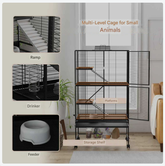 Dierenkooi voor Kleine Huisdieren – Fretkooi – Chinchillakooi – Kooi met Meerdere Niveaus – Kleine Dieren Kooi – Ruim Ontwerp 78x45,5x136 cm – Stevige Stalen Constructie - QUORE