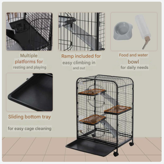 Knaagdierrkooi – Knaagdierkooi – Konijnenkooi – Cavia Kooi – Dierenkooi – Metalen Kooi – 3 Etages Met Wieltjes – Uitneembare Bodemplaat