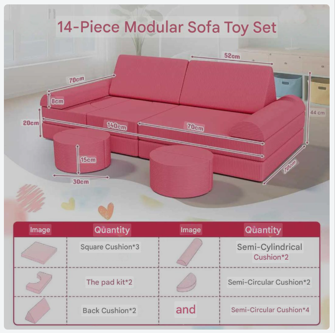 Kinder Speelbank – Kindersofa – Speelbank Zacht – Modulaire Speelset – Peuterspeelbank – Oeko-TEX Corduroy – 14-delige Set 140x70x44 cm - QUORE