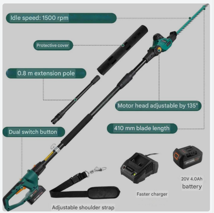 Draadloze Telescoopheggenschaar – Elektrische Heggenschaar – Snoeischaar – Tuinschaar – Heggentrimmer – Uitschuifbare Steel 2,75 m – 20V Lithium-ion Accu