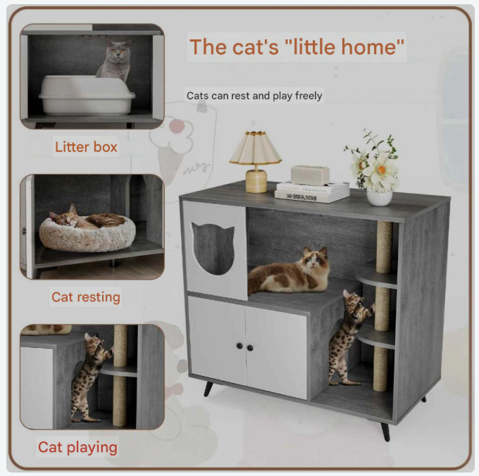 Kattenbakmeubel Houten Kast – Kattenbakkast – Kattenbak Ombouw – Kattenhuis Meubel – Kattenbak Verstopper – 3 Lagen Met Opbergruimte – Inclusief Kattenbakvanger