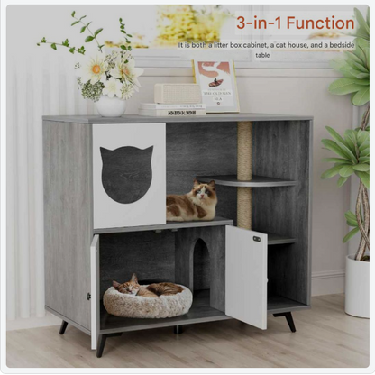 Kattenbakmeubel Houten Kast – Kattenbakkast – Kattenbak Ombouw – Kattenhuis Meubel – Kattenbak Verstopper – 3 Lagen Met Opbergruimte – Inclusief Kattenbakvanger