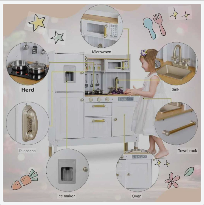 Houten Speelgoedkeuken – Speelkeuken – Kinderkeuken – Speelkeukentje – Speelgoedkeuken – MDF Hout – Licht- en Geluidseffecten – 103x88x30 cm - QUORE