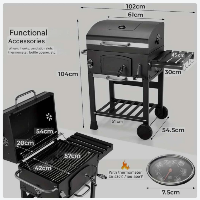 XXL Houtskoolbarbecue – BBQ – Grill – Barbecue – Smoker – Groot Kookoppervlak 57x42 cm – Inclusief Deksel en Thermometer