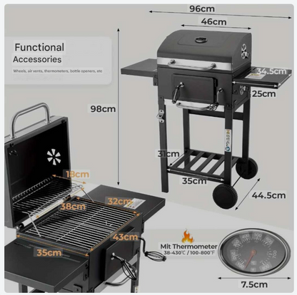 Barbecue – Buitenbarbecue – Grill – Houtskoolbarbecue – Tuinbarbecue – Zwart – Hoogwaardig Staal – Dubbel Grilloppervlak