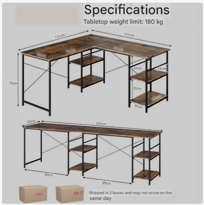 L-vormig Bureau – Hoekbureau – Computertafel – Thuiswerkplek Bureau – Bureau Met Opbergruimte – 242 cm Lang – Met Stevig Metalen Frame – Bruin Houtlook