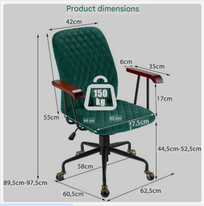 Bureaustoel – Draaifauteuil – Kantoorstoel – Gamestoel – Ergonomische Stoel – Fluwelen Bekleding – Verstelbare Hoogte 89,5-97,5 cm – 360° Draaibaar – Groen