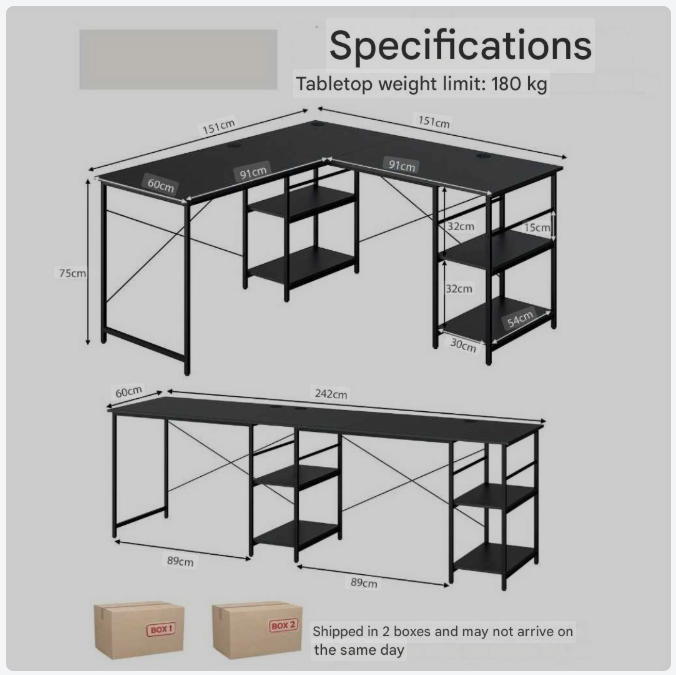 L-vormig bureau – Hoekbureau – Computerbureau – Thuiswerkplek bureau – Gaming bureau – Zwart metalen frame – 151x151 cm werkoppervlak