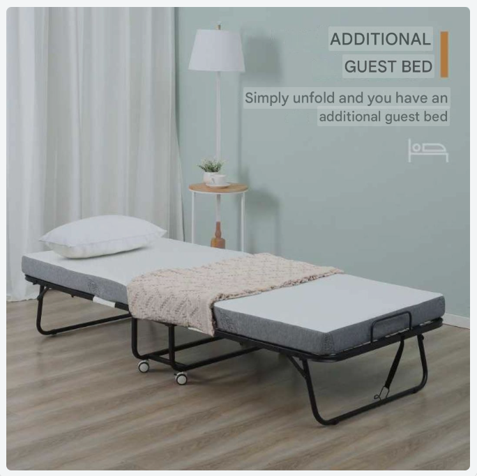 Inklapbaar Logeerbed – Opklapbed – Gastbed – Vouwbed – Logeerbed Met Wielen – Wit/Zwart – Stalen Frame – Comfortabel Schuimmatras 200x75x42,5 cm