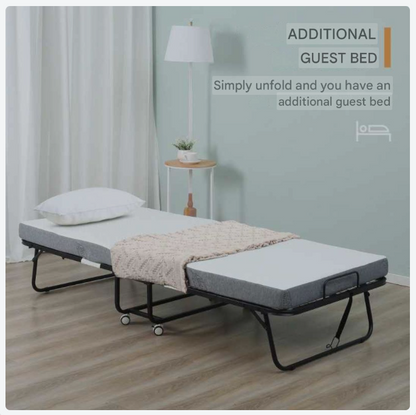 Inklapbaar Logeerbed – Opklapbed – Gastbed – Vouwbed – Logeerbed Met Wielen – Wit/Zwart – Stalen Frame – Comfortabel Schuimmatras 200x75x42,5 cm