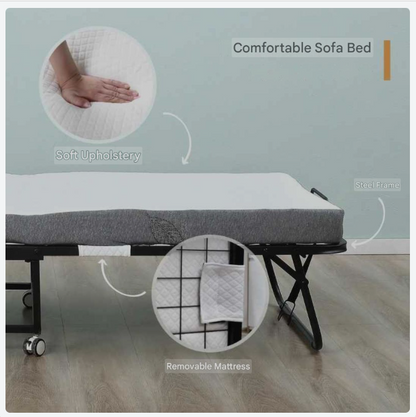Inklapbaar Logeerbed – Opklapbed – Gastbed – Vouwbed – Logeerbed Met Wielen – Wit/Zwart – Stalen Frame – Comfortabel Schuimmatras 200x75x42,5 cm