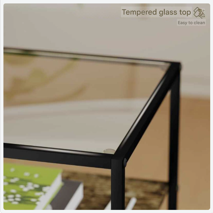 Bijzettafel – Sidetable – Nachtkastje – Salontafel – Banktafel – Rustiek Bruin – Glasblad – 3 Niveaus Opbergruimte – 37x40x55,5 cm