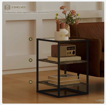 Bijzettafel – Sidetable – Nachtkastje – Salontafel – Banktafel – Rustiek Bruin – Glasblad – 3 Niveaus Opbergruimte – 37x40x55,5 cm