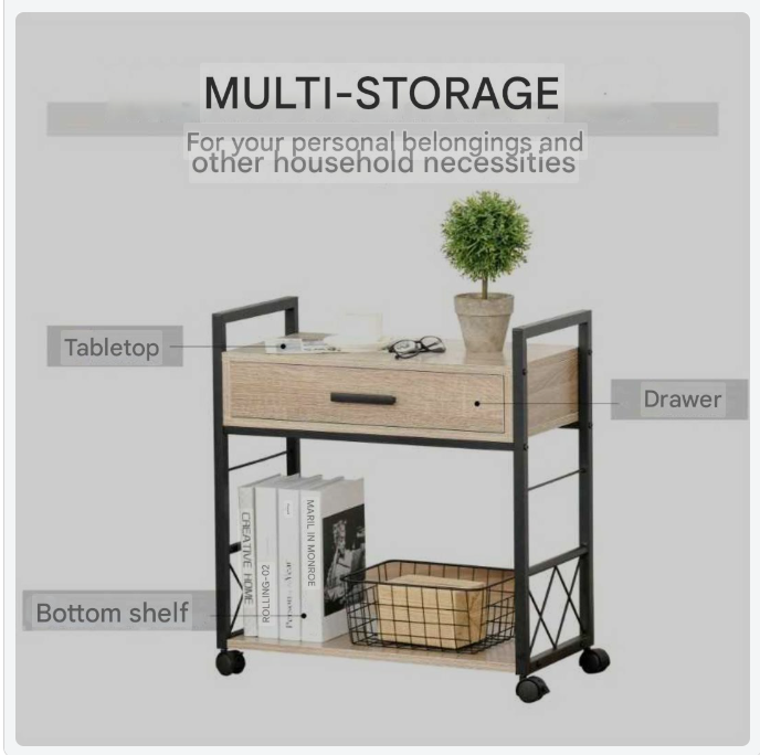 Rijdende Bijzettafel – Mobiele Tafel – Opbergtafel – Serveerwagen – Compacte Bijzetter – Met Lade – Stevig En Duurzaam – 60x30x65 cm