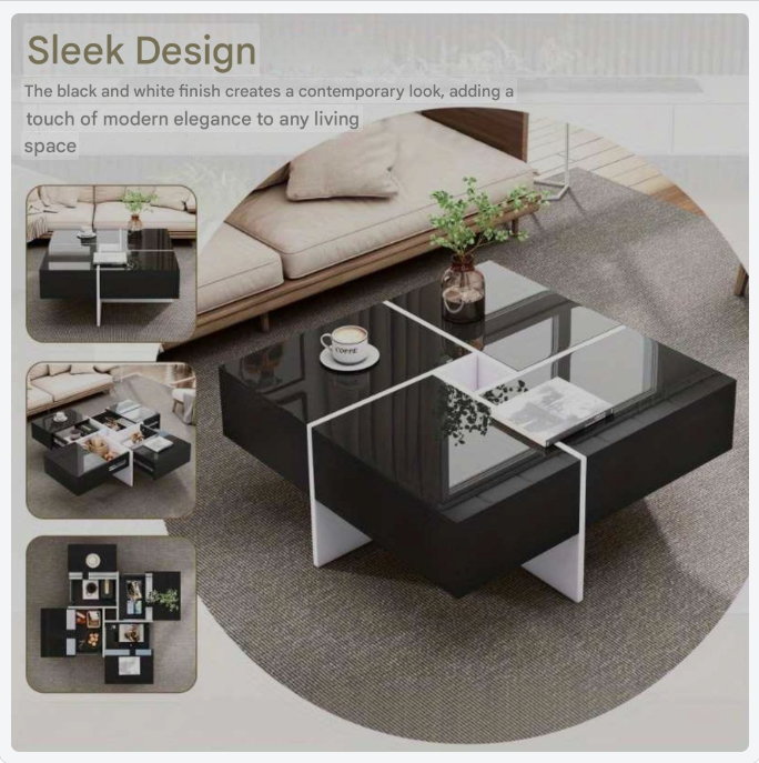 Salontafel – Koffietafel – Bijzettafel – Woonkamertafel – Tafeltje – Modern Hoogglans – 70x70x35 cm – Zwart-Wit Met Opbergruimte En 4 Lades
