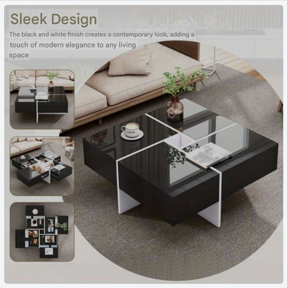 Salontafel – Koffietafel – Bijzettafel – Woonkamertafel – Tafeltje – Modern Hoogglans – 70x70x35 cm – Zwart-Wit Met Opbergruimte En 4 Lades
