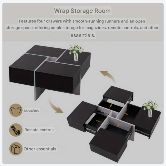 Salontafel – Koffietafel – Bijzettafel – Woonkamertafel – Tafeltje – Modern Hoogglans – 70x70x35 cm – Zwart-Wit Met Opbergruimte En 4 Lades