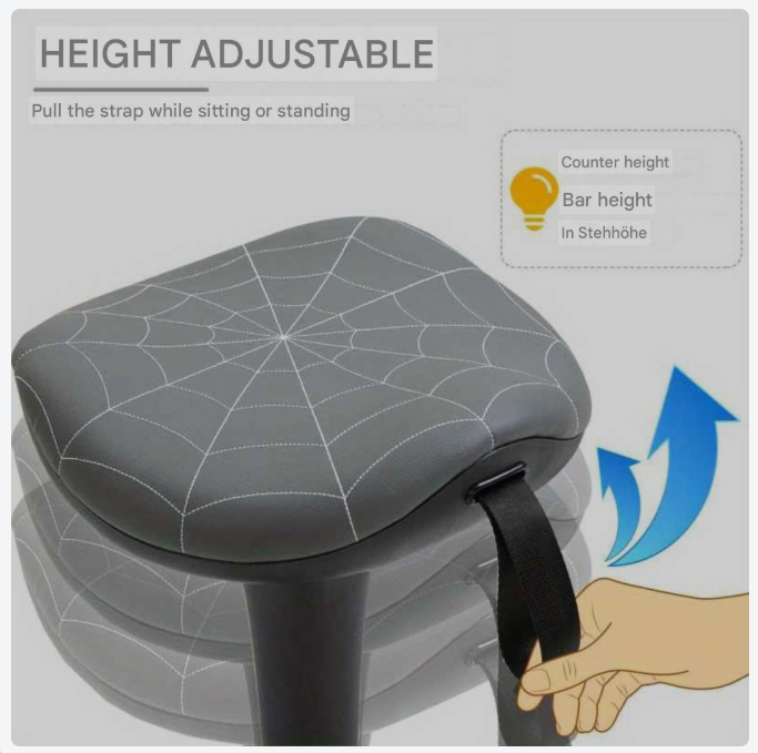 Ergonomische Kruk – Zwenkkruk – Werkkruk – Bureaustoel – Verstelbare Kruk – Verstelbare Hoogte 65,5-83,5 cm – Kantelbare Zitting 120° – Grijs – PVC Frame – Leren Bekleding