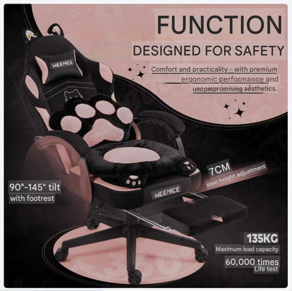 Gamingstoel – Bureaustoel – Gamestoel – Office Chair – Computerstoel – Ergonomisch Design – Verstelbare Voetensteun – Lichtroze Met Kattenoren – Inclusief Lendenkussen – Draagkracht 136 kg