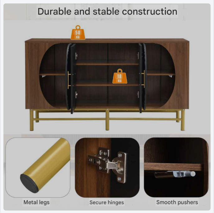 Dressoir – Buffetkast – Opbergkast – Kast – Buffetkast Eetkamer – Walnootkleur – Verstelbare Planken – Stevige Gouden Poten
