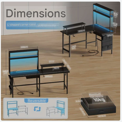 L-vormig Gaming Bureau – Gaming Tafel – Hoekbureau – PC Bureau – Werkplek Bureau – LED-lichtstrip – Ingebouwde Stroomvoorziening – Wit 100x170x74 cm