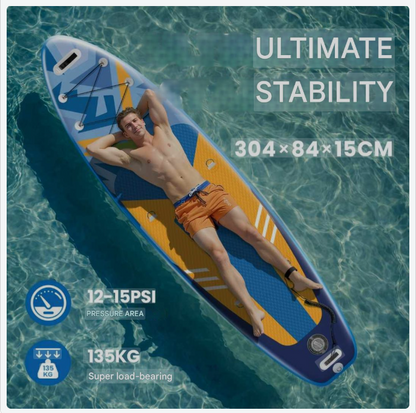 Opblaasbare Paddleboard – Stand Up SUP Board – Inflatable SUP – SUP Surfplank – Watersport Board – Blauw Oranje 335x84x15 cm – Stabiel En Ruim – Inclusief Verstelbare Peddel & Rugzak