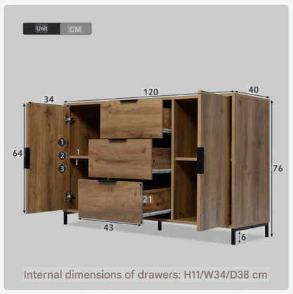 Dressoir – Kast – Opbergkast – Sideboard – Buffetkast – Donker Eiken – 120x40x76 cm – Verstelbare Planken – 3 Laden & 2 Deuren