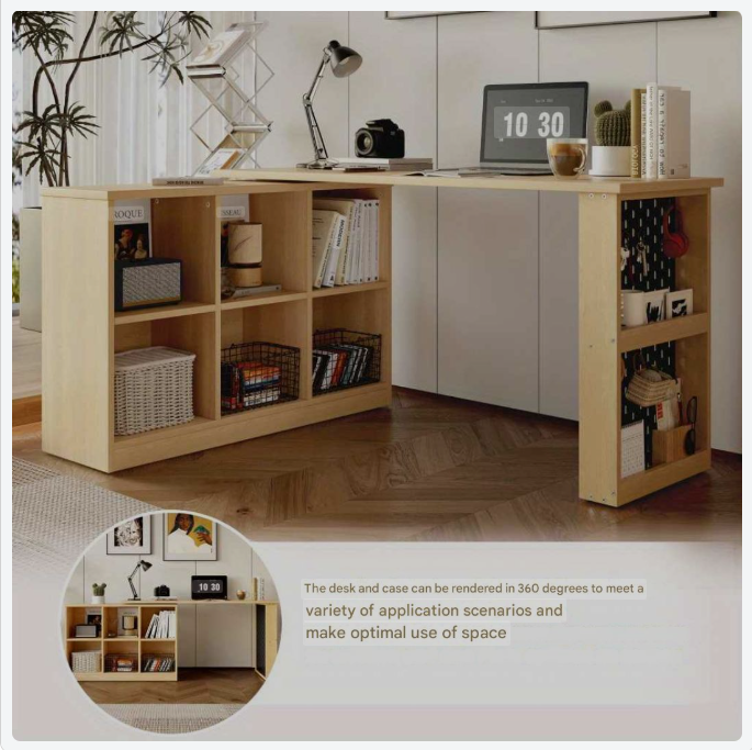 Computertafel – Computerbureau – Bureautafel – Werktafel – Thuiskantoor Bureau – 140x104x75 cm – MDF Metalen Frame – Zes Opbergvakken + Plank – Draaibaar Ontwerp – Houtlook Natuurlijk