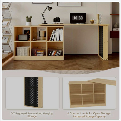 Computertafel – Computerbureau – Bureautafel – Werktafel – Thuiskantoor Bureau – 140x104x75 cm – MDF Metalen Frame – Zes Opbergvakken + Plank – Draaibaar Ontwerp – Houtlook Natuurlijk