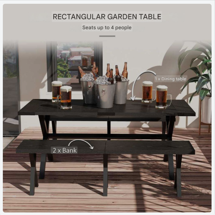 Picknicktafel – Bierbank – Tuinset – Tafel met Bankjes – Aluminium Tafelblad – Stalen Banken – Parasolgat – Weerbestendig – 180x80x73 cm – Zwart