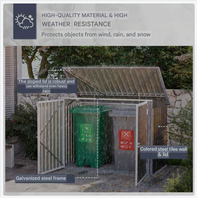 Afvalcontainerbox – Afvalopslag – Afvalbakberging – Afvalcontainerberging – Afvalbox – Gepoedercoat Staal – Afsluitbaar Met Pneumatisch Dak – Geschikt Voor 2 Afvalcontainers – Zwart