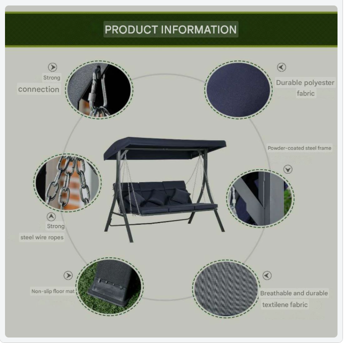 Tuinschommel – Schommelbank – Hollywood Schommel – Tuinbank – 3-Zits – Verstelbaar Zonnescherm – Weerbestendig Metalen Frame – Inclusief Comfortabele Kussens
