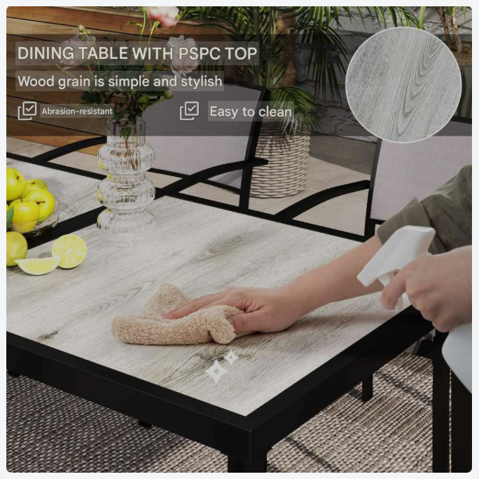 7-delige Tuinset – Buiten Eettafelset – Tuinmeubelset – Balkonset – Stapelbare Stoelen – Grijs – Kunststof Tafelblad Met Houtlook – Weerbestendig Stalen Frame