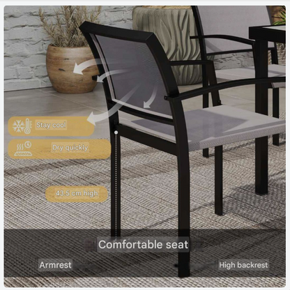 7-delige Tuinset – Buiten Eettafelset – Tuinmeubelset – Balkonset – Stapelbare Stoelen – Grijs – Kunststof Tafelblad Met Houtlook – Weerbestendig Stalen Frame