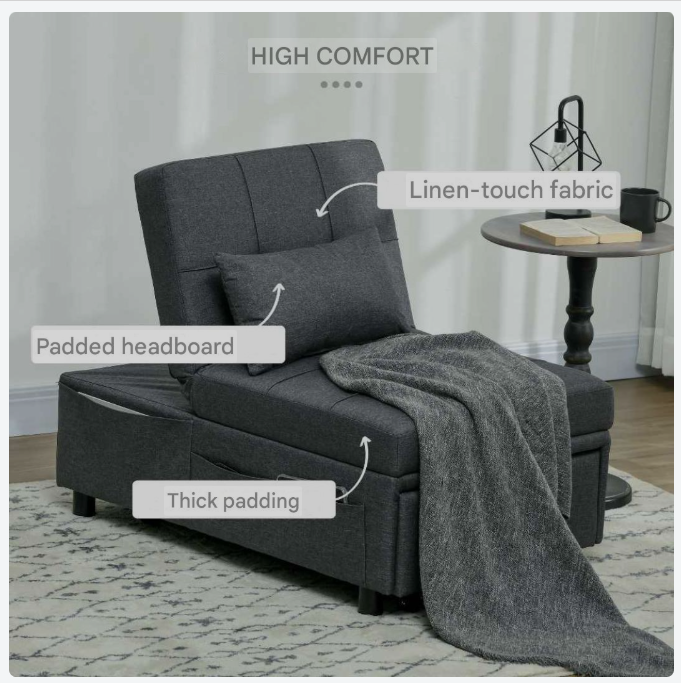 3-in-1 Stoel – Slaapstoel – Fauteuil – Chaise Longue – Grijs – Verstelbare Rugleuning – Handige Zijvakjes