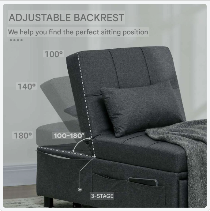 3-in-1 Stoel – Slaapstoel – Fauteuil – Chaise Longue – Grijs – Verstelbare Rugleuning – Handige Zijvakjes