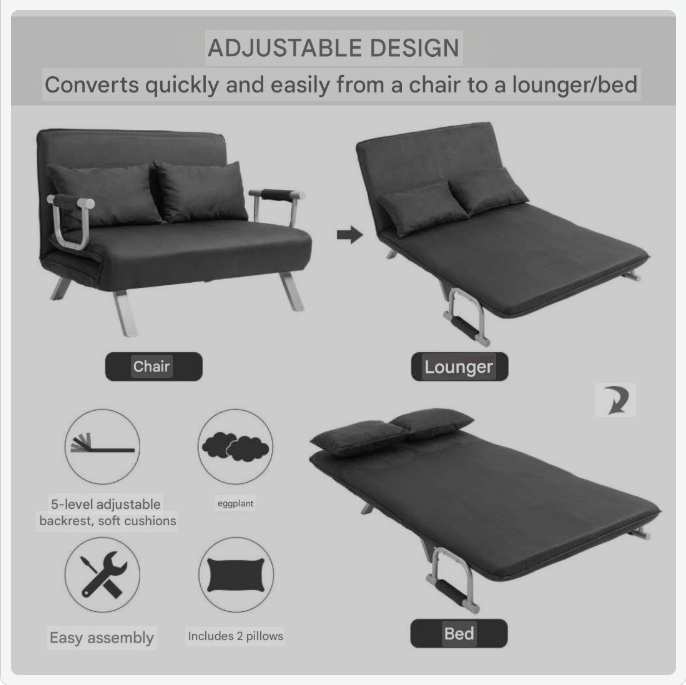 2-zits slaapbank – tweezitsbank – slaapstoel – loungestoel – slaapbed – verstelbare rugleuning – zachte lichtgrijze faux suède – gepoedercoat stalen frame – 111 x 80 x 78 cm