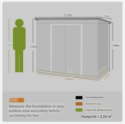 Steigerhuisje – Tuinkast – Tuinhuisje – Opbergschuur – Tuinberging – Gegalvaniseerd Staal – Ventilatieramen en Schuifdeur – 213x130x159/172 cm – Weerbestendig Groen