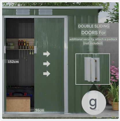 Steigerhuisje – Tuinkast – Tuinhuisje – Opbergschuur – Tuinberging – Gegalvaniseerd Staal – Ventilatieramen en Schuifdeur – 213x130x159/172 cm – Weerbestendig Groen